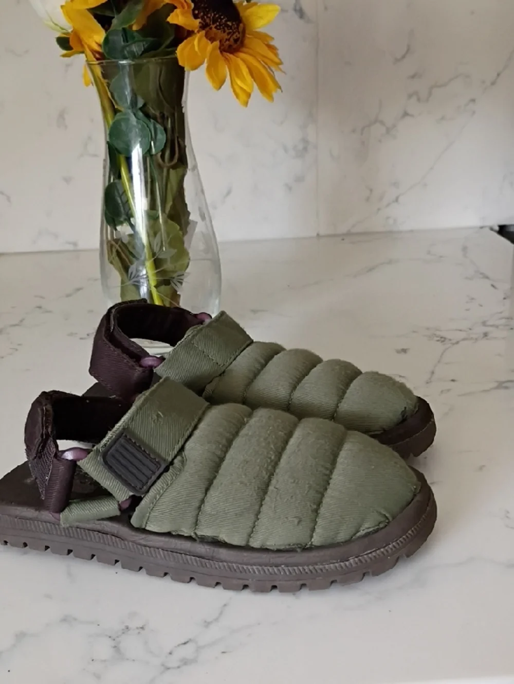 Zara Padded Slip-On Kids Sandals in Olive and Brown